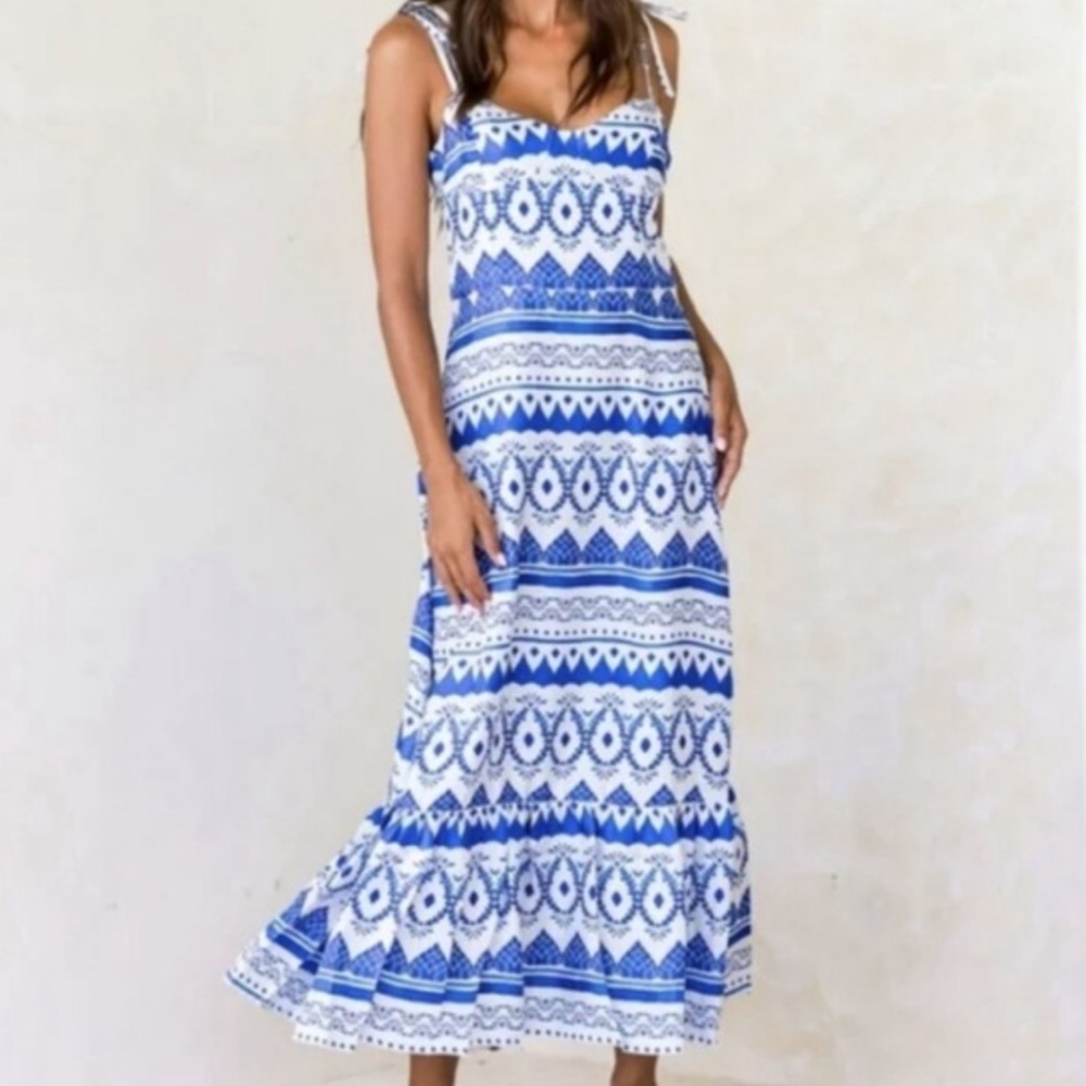Kenny Flowers The Espana Silk Sweetheart Maxi Dress Blue and White XS